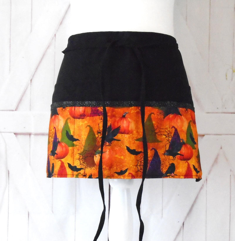 Witches Hats And Pumpkins Halloween Cotton Fabric Vendor/Server/Waitress/Utility/Teacher Apron, Half Apron with 6 pockets