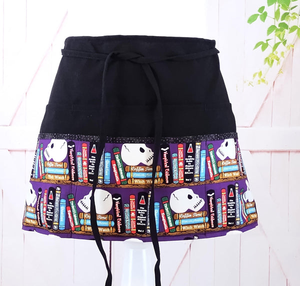 Creepy  Kooky Glow-in-the-Dark Skulls & Tomes Halloween Fabric - Server/Waitress/Teacher Half Apron with 6 Pockets