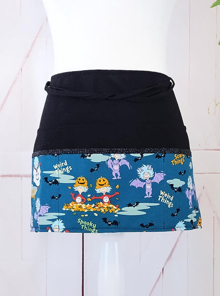 Halloween Things on Teal Fabric - Server/Waitress/Utility/Teacher Half Apron with 6 Pockets