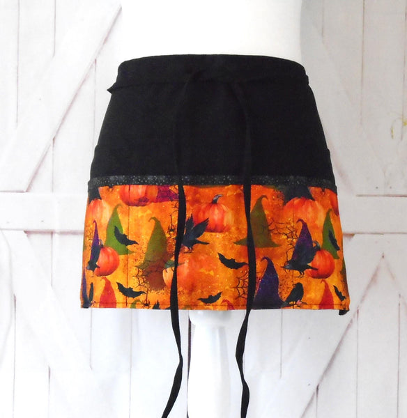 Witches Hats And Pumpkins Halloween Cotton Fabric Vendor/Server/Waitress/Utility/Teacher Apron, Half Apron with 6 pockets