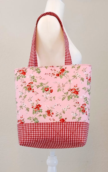 Large Floral Quilted Tote Bag | Handmade Pink Floral Tote with Red Gingham Base | Interior Pocket + Tie Closure | Gift for Her