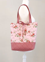 Large Floral Quilted Tote Bag | Handmade Pink Floral Tote with Red Gingham Base | Interior Pocket + Tie Closure | Gift for Her