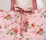 Large Floral Quilted Tote Bag | Handmade Pink Floral Tote with Red Gingham Base | Interior Pocket + Tie Closure | Gift for Her