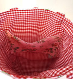 Large Floral Quilted Tote Bag | Handmade Pink Floral Tote with Red Gingham Base | Interior Pocket + Tie Closure | Gift for Her