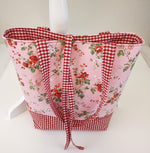 Large Floral Quilted Tote Bag | Handmade Pink Floral Tote with Red Gingham Base | Interior Pocket + Tie Closure | Gift for Her