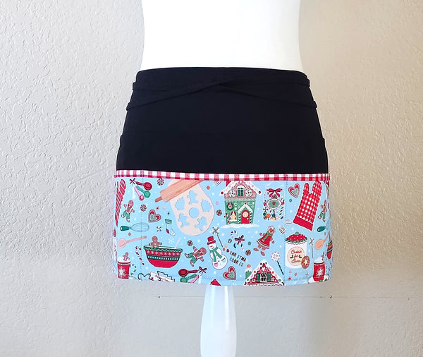 Gingerbread and Hot Chocolate Cotton Fabric  /Server/Waitress/Utility/Teacher Apron, Half Apron with 6 pockets