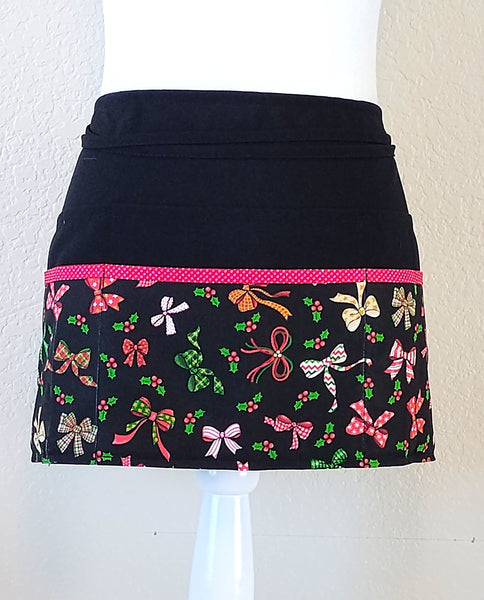 Patterned Bows & Holly Cotton Fabric/Server/Waitress/Utility/Teacher Apron, Half Apron with 6 pockets
