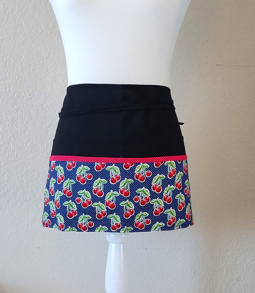 Cherry Print Half Apron with 6 Pockets
