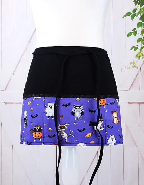 Costume Cats on Purple Halloween Cotton Fabric - Server/Waitress/Utility/Teacher Half Apron with 6 Pockets